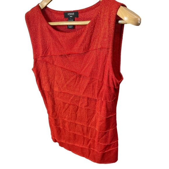 Verve Red Sleeveless Gold Metallic Thread Ruffle Shell Tank Top Sz L - Picture 3 of 9